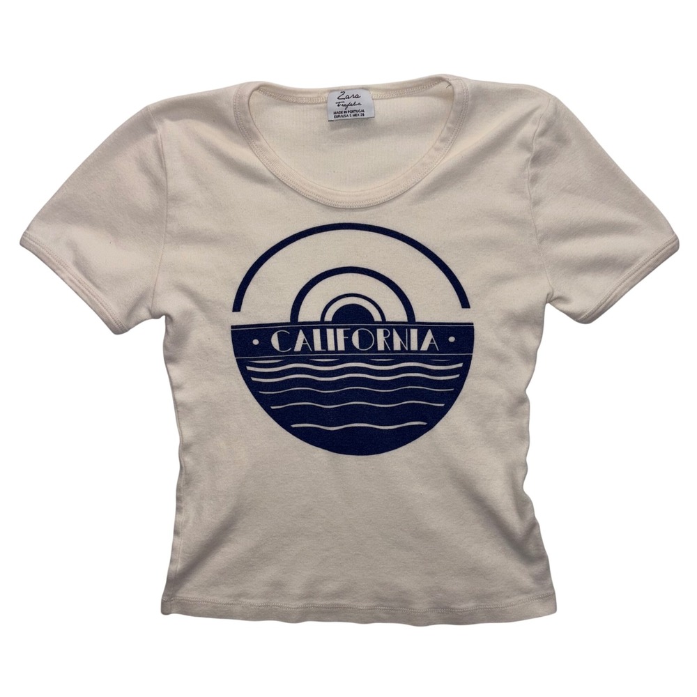 Zara Trafaluc California Graphic Tee Cream Navy Blue Ribbed Scoop Neck Small